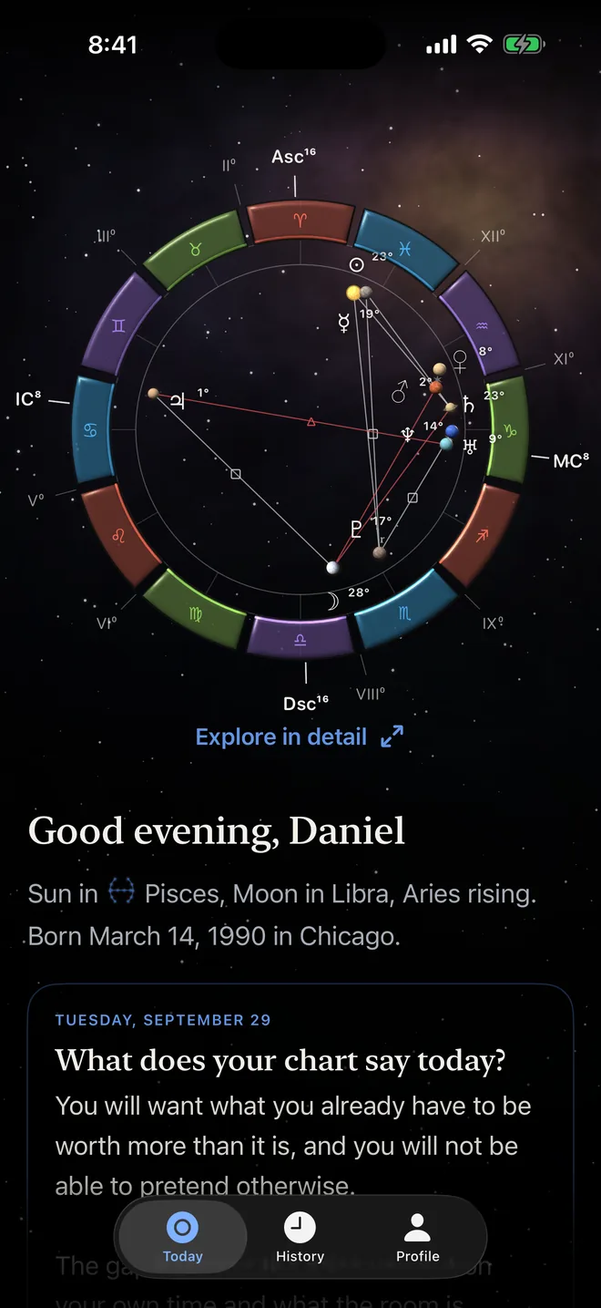 Astrolox home screen: natal chart and today’s cosmic forecast