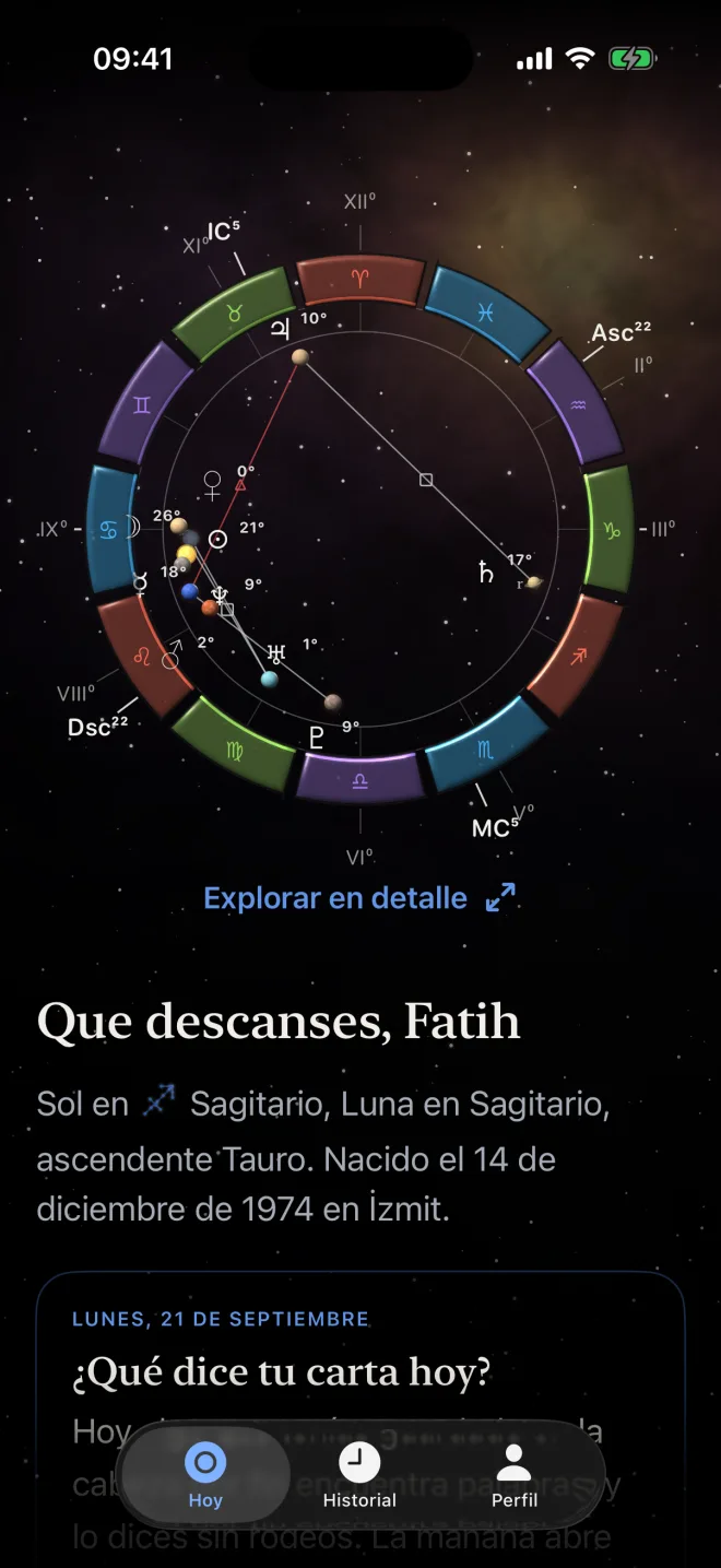 Pantalla de inicio de Astrolox: carta natal y pronóstico cósmico de hoy