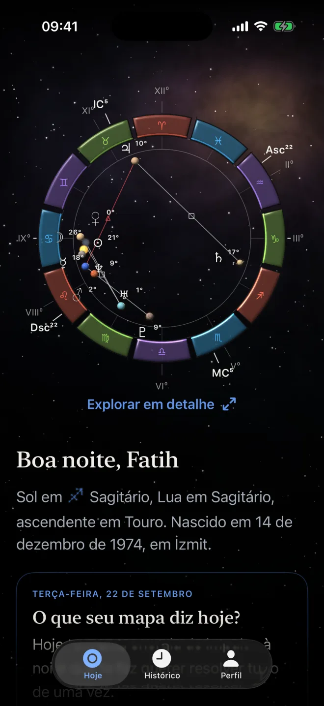 Tela inicial do Astrolox: mapa natal e previsão cósmica de hoje