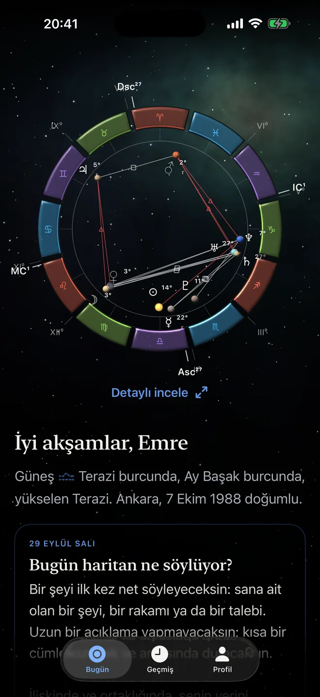 Astrolox ana ekranı: doğum haritası ve günün kozmik öngörüsü