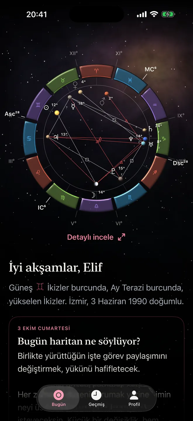 Astrolox ana ekranı: doğum haritası ve günün kozmik öngörüsü